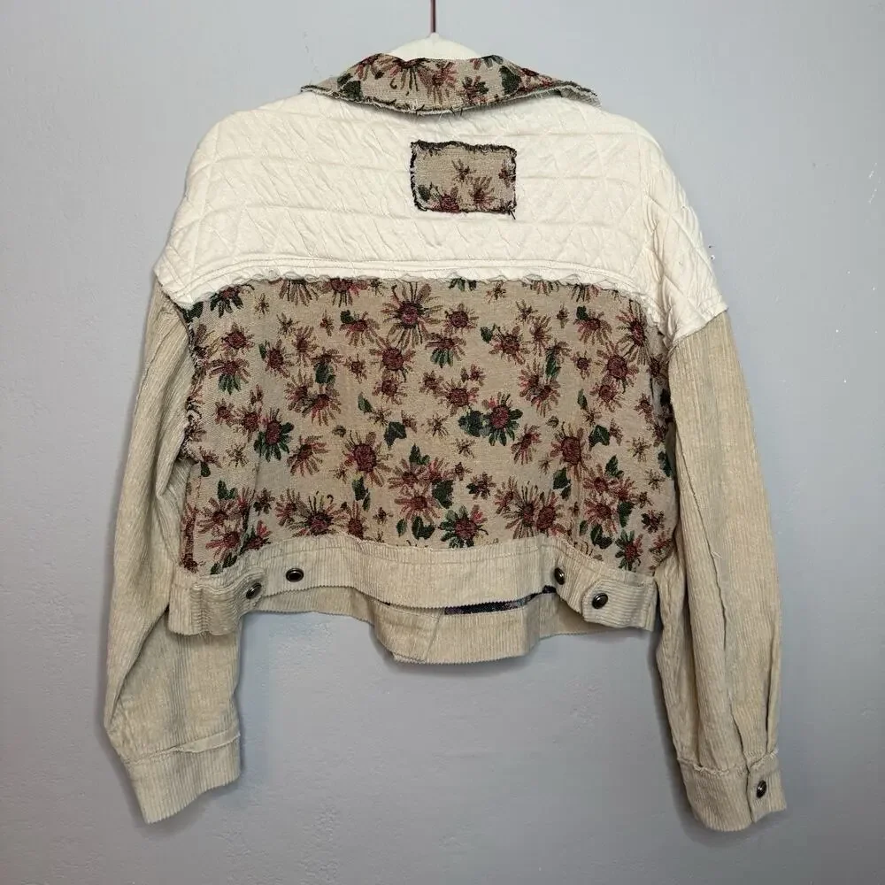 POL Quilted Corduroy Jacket Jacquard‎ Sz S Tapestry Grandma Cottage